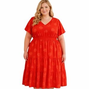 C By One Woman Plus Size 3X Orange Red Tier Elastic Stretchy Flower Dress